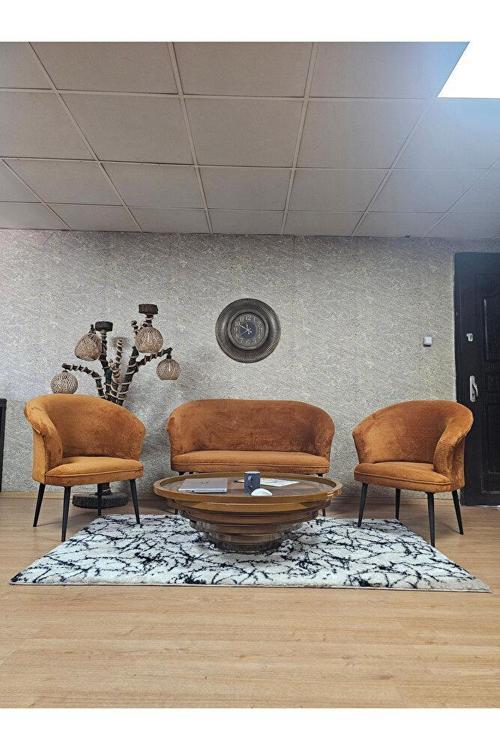 TEDDY Takım Siyah Boyalı Sivriltme Ayak Çay Seti Koltuk - Berjer , Balkon, Salon, Ofis Turuncu Renk 40 x 125 Boyut/Ebat