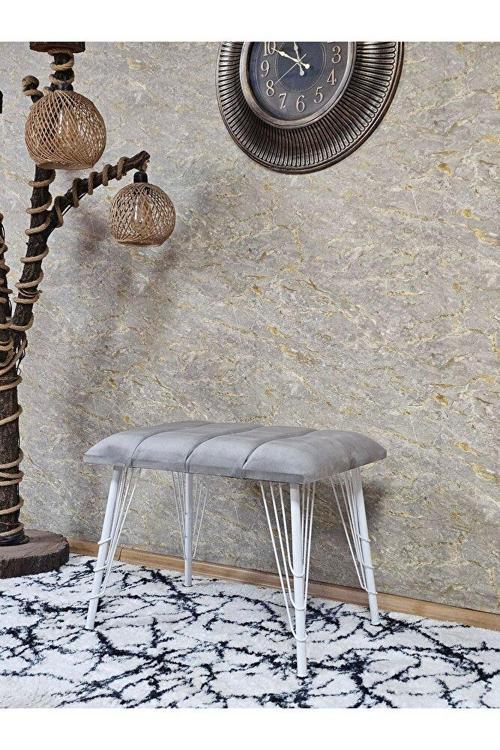 Metal Beyaz Tel Ayaklı 60 cm Puf Bench - Puf - Bench - Oturak - Mutfak Oturağı - Antre Oturağı Gri Renk 60 x 40 Boyut/Ebat