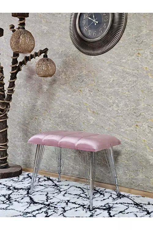 Metal Krom Tel Ayaklı 60 cm Puf Bench - Puf - Bench - Oturak - Mutfak Oturağı - Antre Oturağı Pembe Renk 60 x 40 Boyut/Ebat