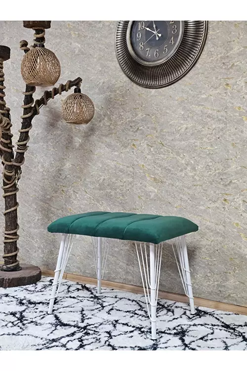Metal Beyaz Tel Ayaklı 60 cm Puf Bench - Puf - Bench - Oturak - Mutfak Oturağı - Antre Oturağı Yeşil Renk 60 x 40 Boyut/Ebat