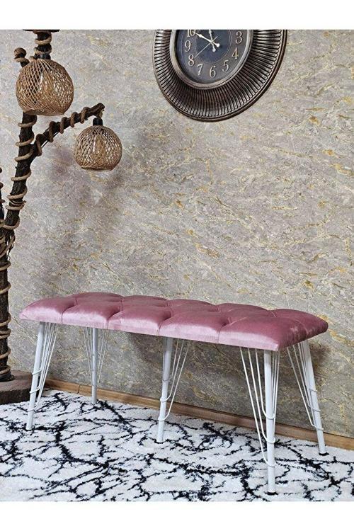 Metal Beyaz Tel Ayaklı 100 cm Puf Bench - Puf - Bench - Oturak - Mutfak Oturağı - Antre Oturağı Pembe Renk 100 x 40 Boyut/Ebat