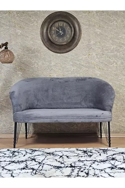 İkili TEDDY Siyah Boyalı Telli Ayak Çay Seti Koltuk İkili Berjer , Balkon, Salon, Ofis Gri Renk 40,5 Boyut/Ebat