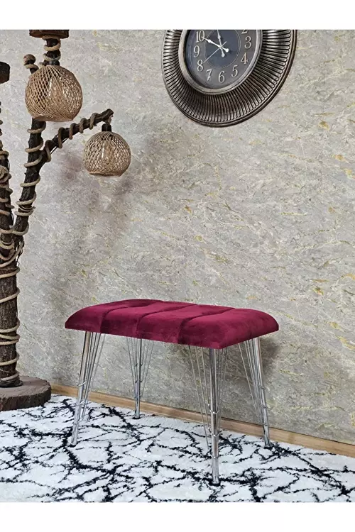 Metal Krom Tel Ayaklı 60 cm Puf Bench - Puf - Bench - Oturak - Mutfak Oturağı - Antre Oturağı Bordo Renk 60 x 40 Boyut/Ebat