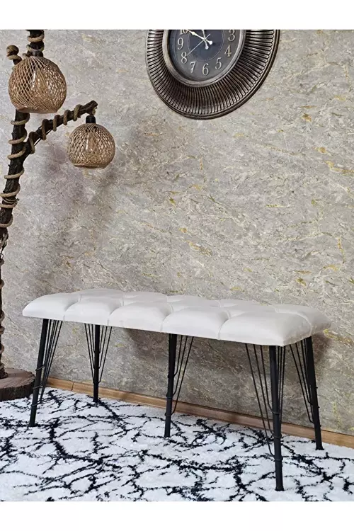 Metal Siyah Tel Ayaklı 100 cm Puf Bench - Puf - Bench - Oturak - Mutfak Oturağı - Antre Oturağı Krem Renk 100 x 40 Boyut/Ebat