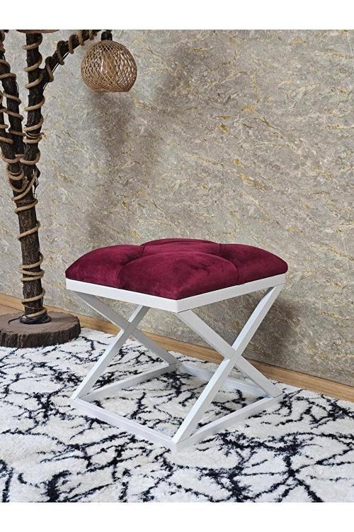 Beyaz Boyalı 45 cm x 45 cm Çaprazlı Puf Bench Oturak Bordo Renk 45 x 45 Boyut/Ebat