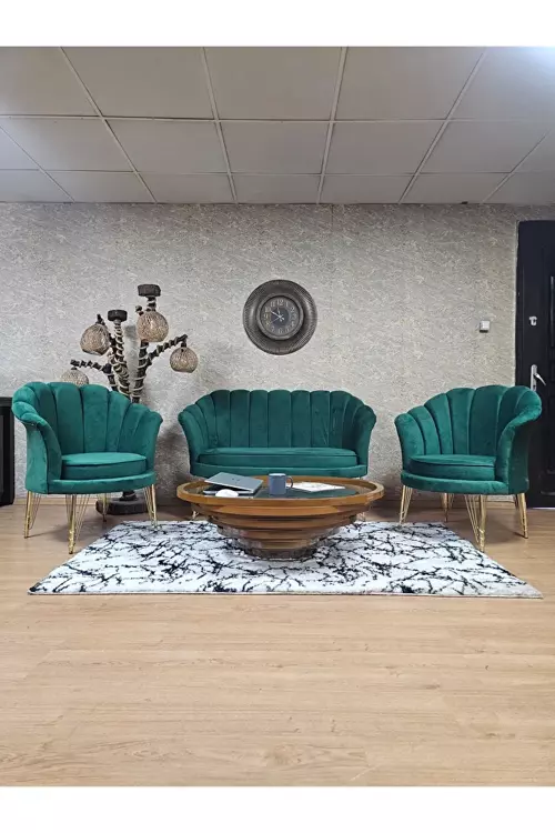 İstiridye Takım Gold Kaplama Telli Ayak Çay Seti Koltuk Takımı Yeşil Renk 110 x 48 Boyut/Ebat