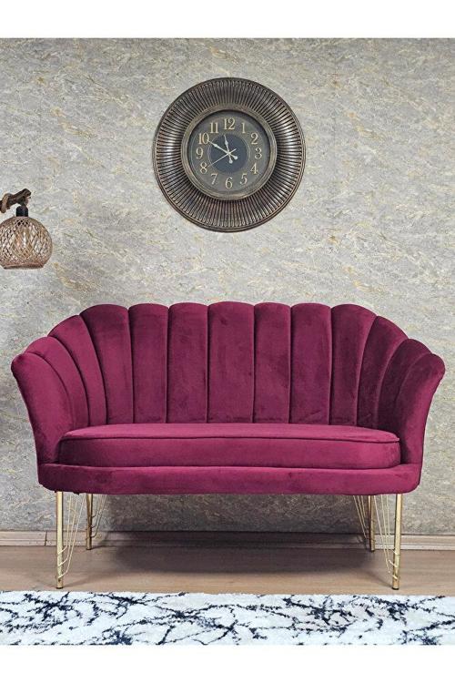 İkili İstiridye Gold Kaplama Telli Ayak Çay Seti Koltuk Tekli Berjer , İkili Berjer Koltuk Bordo Renk 110 x 48 Boyut/Ebat