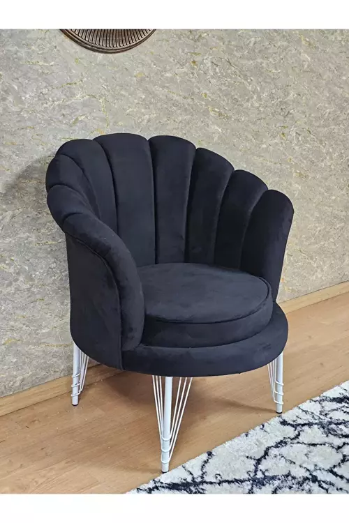 Tekli İstiridye Beyaz Boyalı Telli Ayak Çay Seti Koltuk Tekli Berjer , Balkon, Salon, Ofis Siyah Renk 47 x 47 Boyut/Ebat