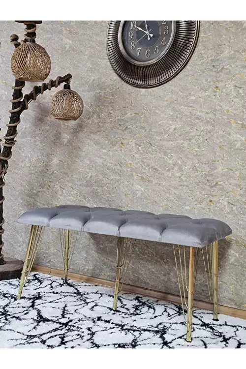 Metal Gold Tel Ayaklı 100 cm Puf Bench - Puf - Bench - Oturak - Mutfak Oturağı - Antre Oturağı Gri Renk 100 x 40 Boyut/Ebat