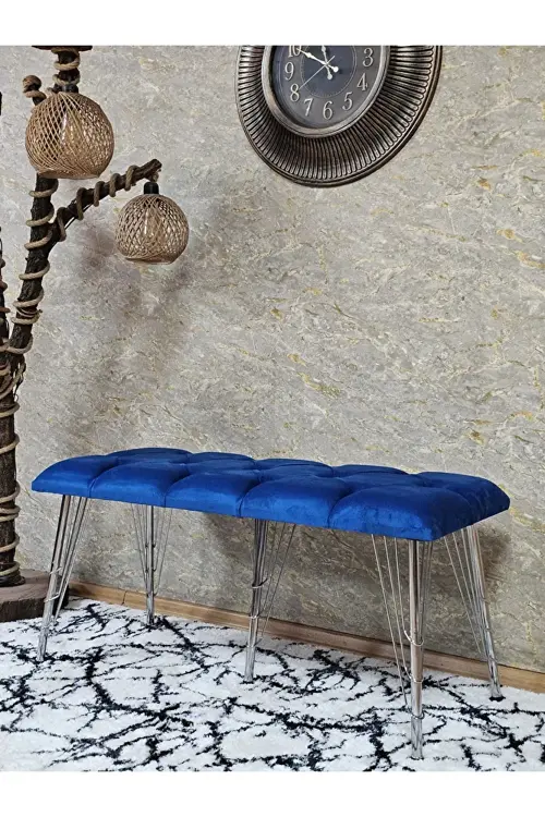 Metal Krom Tel Ayaklı 100 cm Puf Bench - Puf - Bench - Oturak - Mutfak Oturağı - Antre Oturağı Mavi Renk 100 x 40 Boyut/Ebat