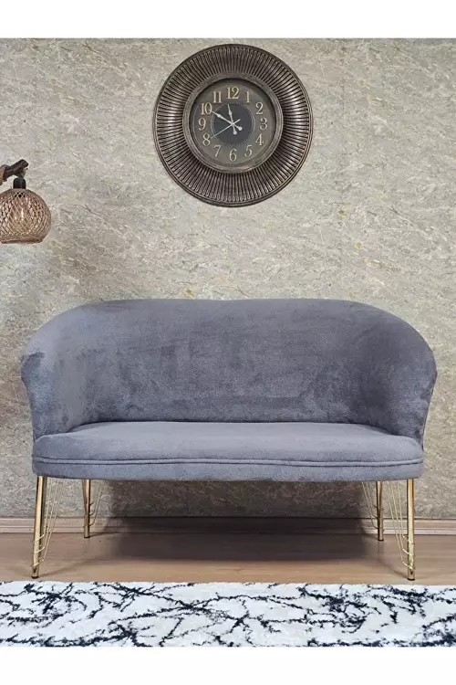 İkili TEDDY Gold Kaplama Telli Ayak Çay Seti Koltuk İkili Berjer , Balkon, Salon, Ofis Gri Renk 110 x 49 Boyut/Ebat