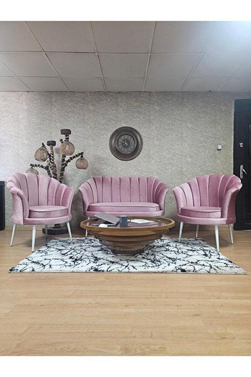 İstiridye Takım Beyaz Boyalı Sivriltme Ayak Çay Seti Koltuk Takımı Pembe Renk 110 x 48 Boyut/Ebat