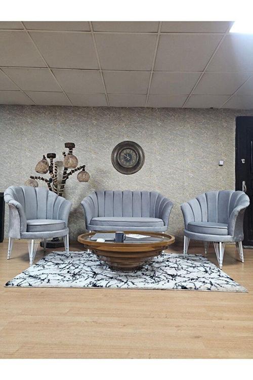 İstiridye Takım Beyaz Boyalı Telli Ayak Çay Seti Koltuk Takımı Gri Renk 110 x 48 Boyut/Ebat