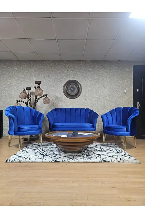 İstiridye Takım Gold Kaplama Telli Ayak Çay Seti Koltuk Takımı Mavi Renk 110 x 48 Boyut/Ebat
