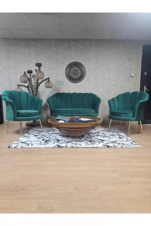 İstiridye Takım Gold Kaplama Sivriltme Ayak Çay Seti Koltuk Takımı Yeşil Renk 110 x 48 Boyut/Ebat