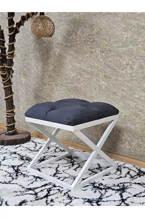 Beyaz Boyalı 45 cm x 45 cm Çaprazlı Puf Bench Oturak Füme Renk 45 x 45 Boyut/Ebat