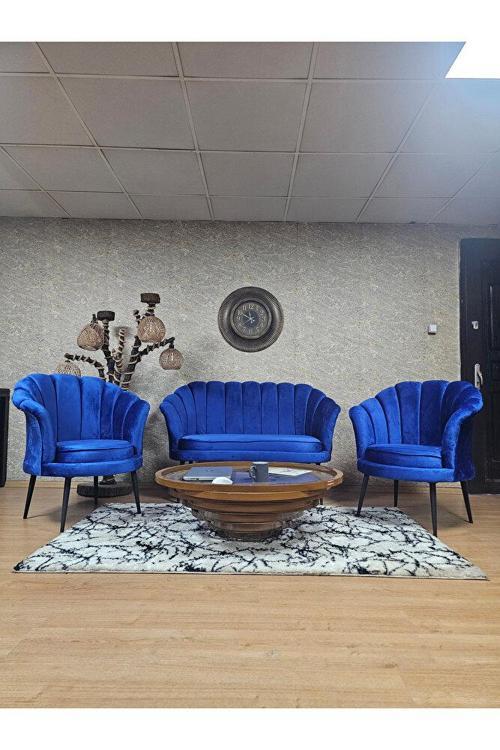 İstiridye Takım Siyah Boyalı Sivriltme Ayak Çay Seti Koltuk Takımı Mavi Renk 110 x 48 Boyut/Ebat
