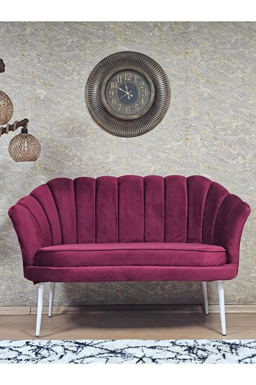 İkili İstiridye Beyaz Boyalı Sivriltme Ayak Çay Seti Koltuk Tekli Berjer , İkili Berjer Koltuk Bordo Renk 110 x 48 Boyut/Ebat