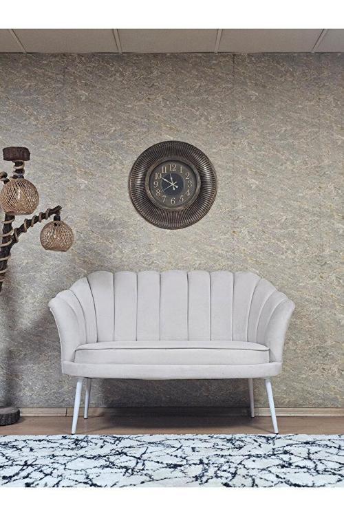 İkili İstiridye Beyaz Boyalı Sivriltme Ayak Çay Seti Koltuk Tekli Berjer , İkili Berjer Koltuk Krem Renk 110 x 48 Boyut/Ebat