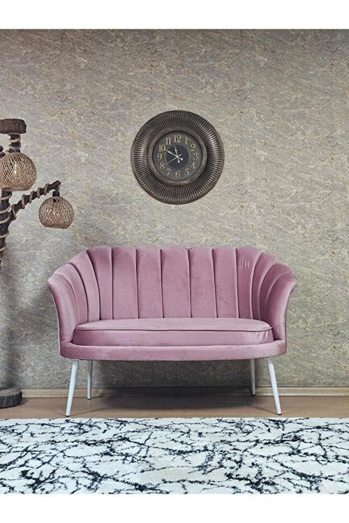 İkili İstiridye Beyaz Boyalı Sivriltme Ayak Çay Seti Koltuk Tekli Berjer , İkili Berjer Koltuk Pembe Renk 110 x 48 Boyut/Ebat