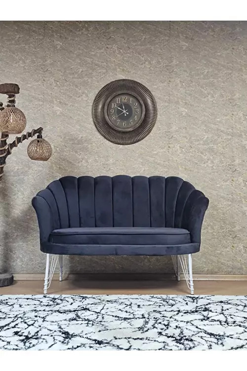 İkili İstiridye Beyaz Boyalı Telli Ayak Çay Seti Koltuk Tekli Berjer , İkili Berjer Koltuk Fume Renk 110 x 48 Boyut/Ebat