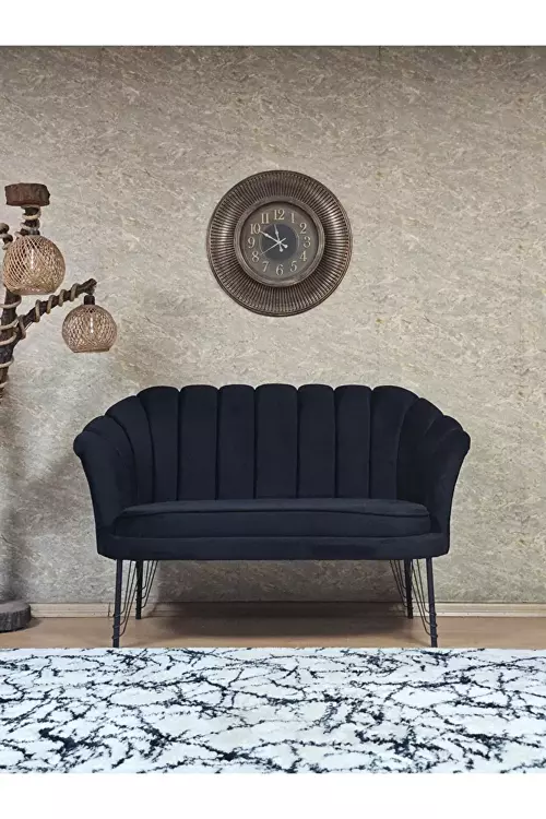 İkili İstiridye Siyah Boyalı Telli Ayak Çay Seti Koltuk Tekli Berjer , İkili Berjer Koltuk Siyah Renk 110 x 48 Boyut/Ebat