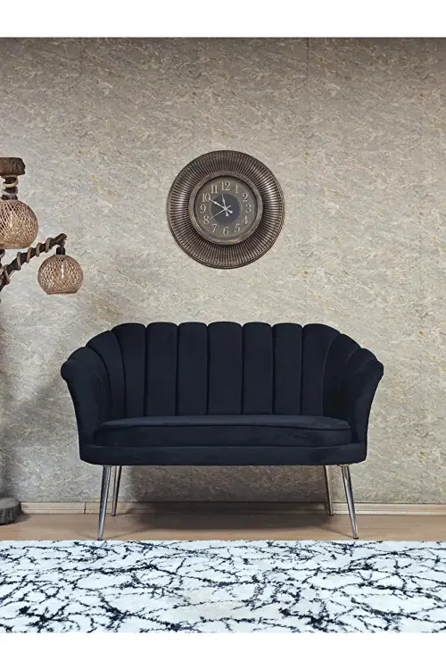 İkili İstiridye Krom Kaplama Sivriltme Ayak Çay Seti Koltuk İkili Berjer , İkili Berjer Koltuk Siyah Renk 110 x 48 Boyut/Ebat