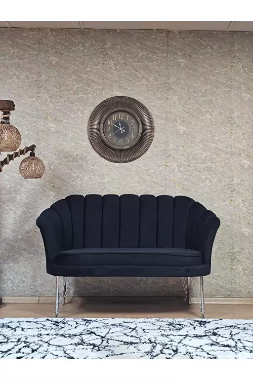 İkili İstiridye Krom Kaplama Telli Ayak Çay Seti Koltuk Tekli Berjer , İkili Berjer Koltuk Siyah Renk 110 x 48 Boyut/Ebat
