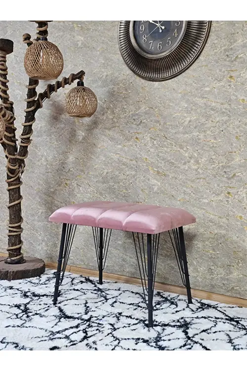 Metal Siyah Tel Ayaklı 60 cm Puf Bench - Puf - Bench - Oturak - Mutfak Oturağı - Antre Oturağı Pembe Renk 60 x 40 Boyut/Ebat