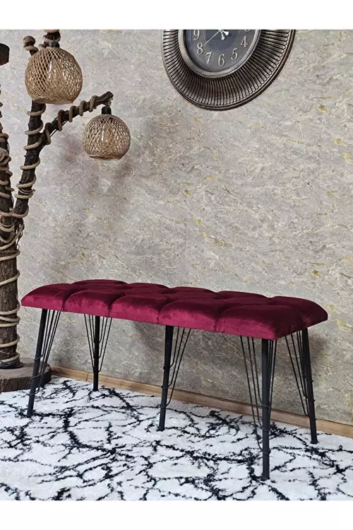 Metal Siyah Tel Ayaklı 100 cm Puf Bench - Puf - Bench - Oturak - Mutfak Oturağı - Antre Oturağı Bordo Renk 100 x 40 Boyut/Ebat