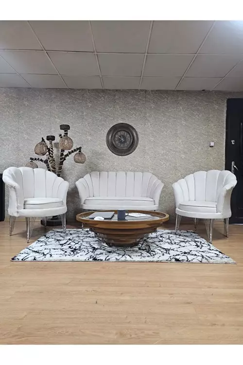 İstiridye Takım Krom Kaplama Telli Ayak Çay Seti Koltuk Takımı Krem Renk 110 x 48 Boyut/Ebat