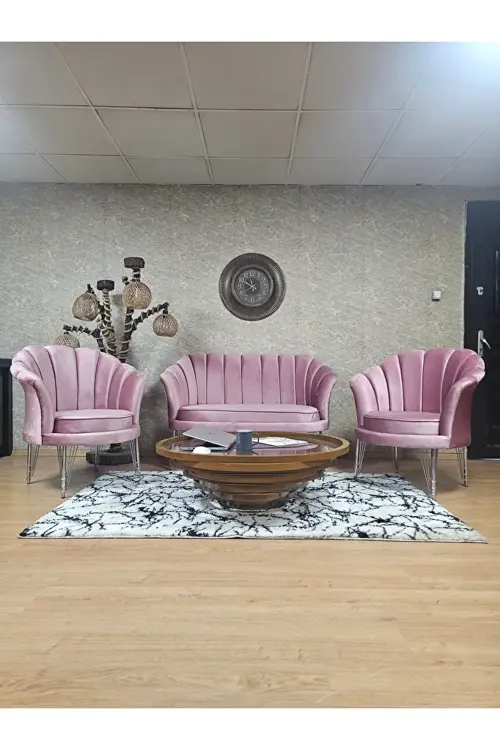 İstiridye Takım Krom Kaplama Telli Ayak Çay Seti Koltuk Takımı Pembe Renk 110 x 48 Boyut/Ebat