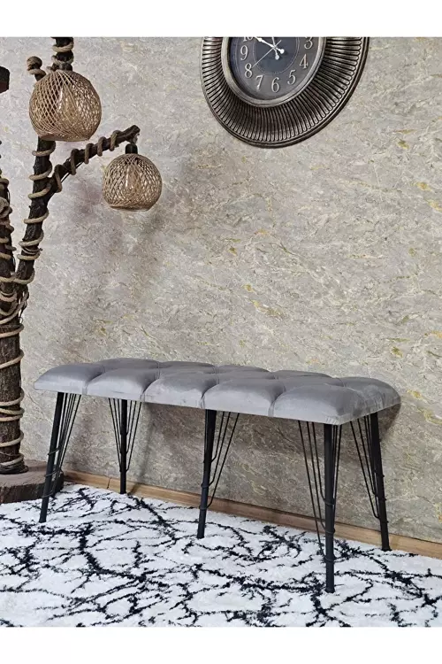 Metal Siyah Tel Ayaklı 100 cm Puf Bench - Puf - Bench - Oturak - Mutfak Oturağı - Antre Oturağı Gri Renk 100 x 40 Boyut/Ebat