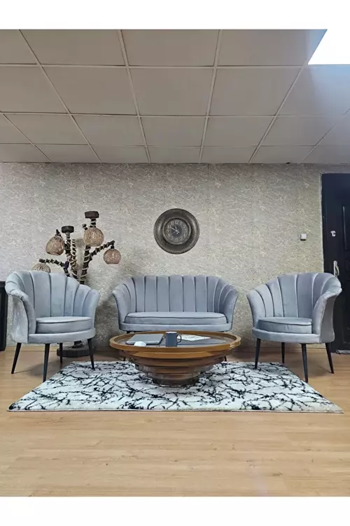 İstiridye Takım Siyah Boyalı Sivriltme Ayak Çay Seti Koltuk Takımı Gri Renk 110 x 48 Boyut/Ebat
