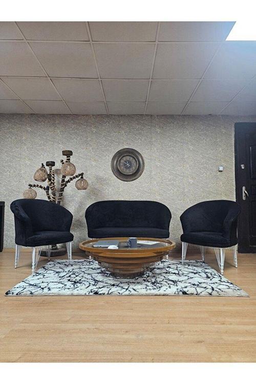 TEDDY Takım Beyaz Boyalı Telli Ayak Çay Seti Koltuk - Berjer , Balkon, Salon, Ofis Siyah Renk 40 x 125 Boyut/Ebat