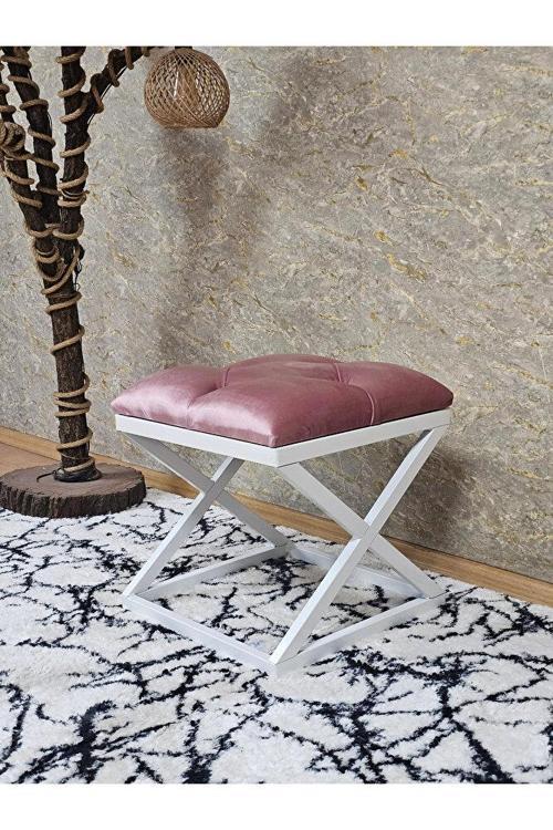 Beyaz Boyalı 45 cm x 45 cm Çaprazlı Puf Bench Oturak Pembe Renk 45 x 45 Boyut/Ebat