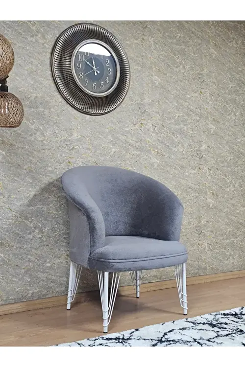 Tekli TEDDY Beyaz Boyalı Telli Ayak Çay Seti Koltuk Tekli Berjer , Balkon, Salon, Ofis Gri Renk 40,5 Boyut/Ebat