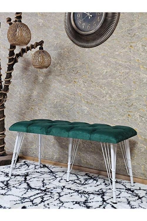 Metal Beyaz Tel Ayaklı 100 cm Puf Bench - Puf - Bench - Oturak - Mutfak Oturağı - Antre Oturağı Yeşil Renk 100 x 40 Boyut/Ebat