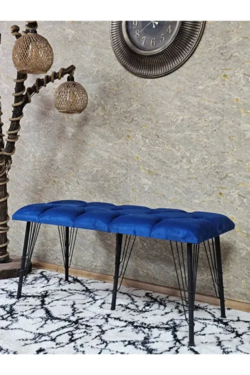 Metal Siyah Tel Ayaklı 100 cm Puf Bench - Puf - Bench - Oturak - Mutfak Oturağı - Antre Oturağı Mavi Renk 100 x 40 Boyut/Ebat