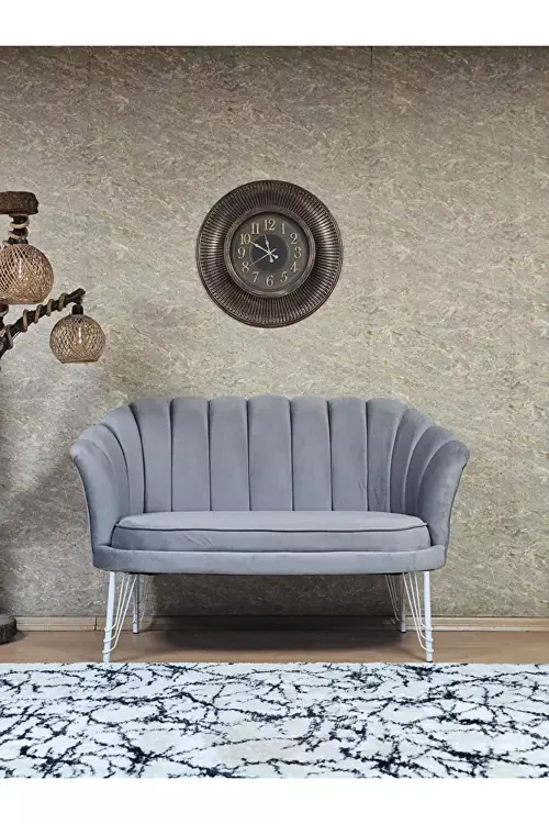 İkili İstiridye Beyaz Boyalı Telli Ayak Çay Seti Koltuk Tekli Berjer , İkili Berjer Koltuk Gri Renk 110 x 48 Boyut/Ebat