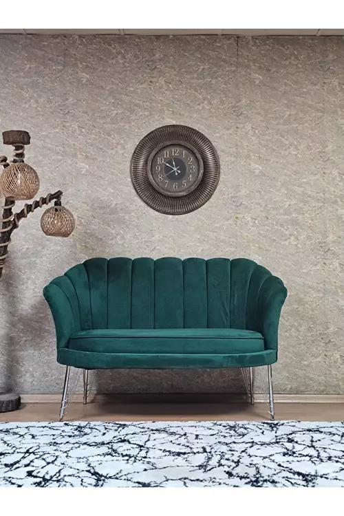 İkili İstiridye Krom Kaplama Telli Ayak Çay Seti Koltuk Tekli Berjer , İkili Berjer Koltuk Yeşil Renk 110 x 48 Boyut/Ebat