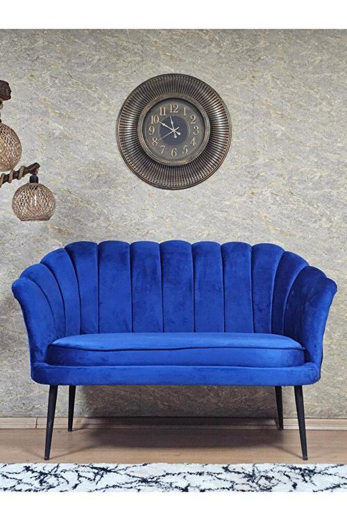 İkili İstiridye Siyah Boyalı Sivriltme Ayak Çay Seti Koltuk İkili Berjer , İkili Berjer Koltuk Mavi Renk 110 x 48 Boyut/Ebat