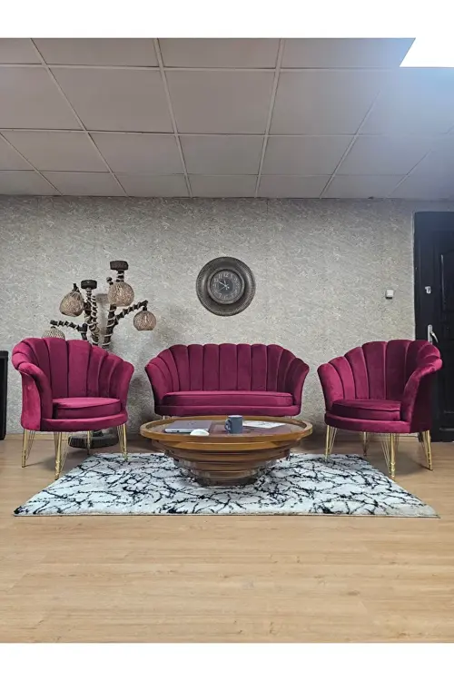 İstiridye Takım Gold Kaplama Telli Ayak Çay Seti Koltuk Takımı Bordo Renk 110 x 48 Boyut/Ebat