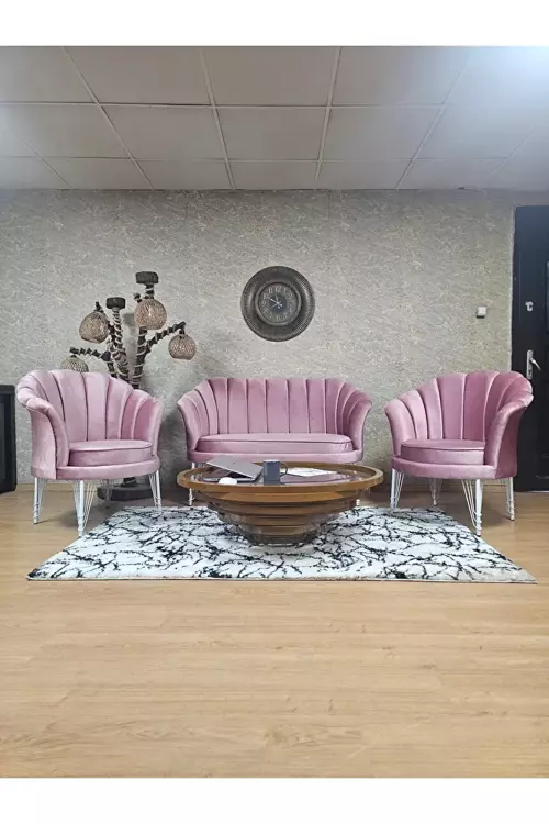 İstiridye Takım Beyaz Boyalı Telli Ayak Çay Seti Koltuk Takımı Pembe Renk 110 x 48 Boyut/Ebat
