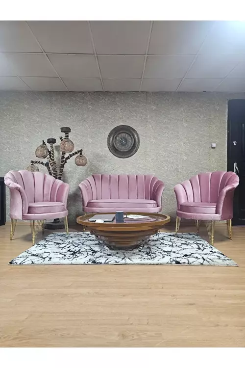 İstiridye Takım Gold Kaplama Telli Ayak Çay Seti Koltuk Takımı Pembe Renk 110 x 48 Boyut/Ebat