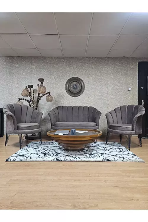 İstiridye Takım Siyah Boyalı Telli Ayak Çay Seti Koltuk Takımı Kahverengi Renk 110 x 48 Boyut/Ebat