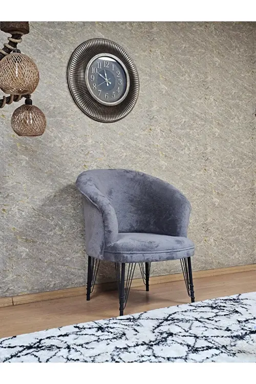 Tekli TEDDY Siyah Boyalı Telli Ayak Çay Seti Koltuk Tekli Berjer , Balkon, Salon, Ofis Gri Renk 40,5 Boyut/Ebat