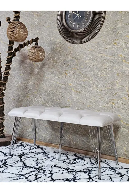 Metal Krom Tel Ayaklı 100 cm Puf Bench - Puf - Bench - Oturak - Mutfak Oturağı - Antre Oturağı Krem Renk 100 x 40 Boyut/Ebat