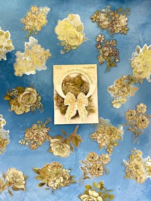 Holografik Efektli Yaldızlı 20 Adet Gül Çİçeği Desenli Yeşil Renk Pet Sticker Seti/ Etiket/ Çıkartma 