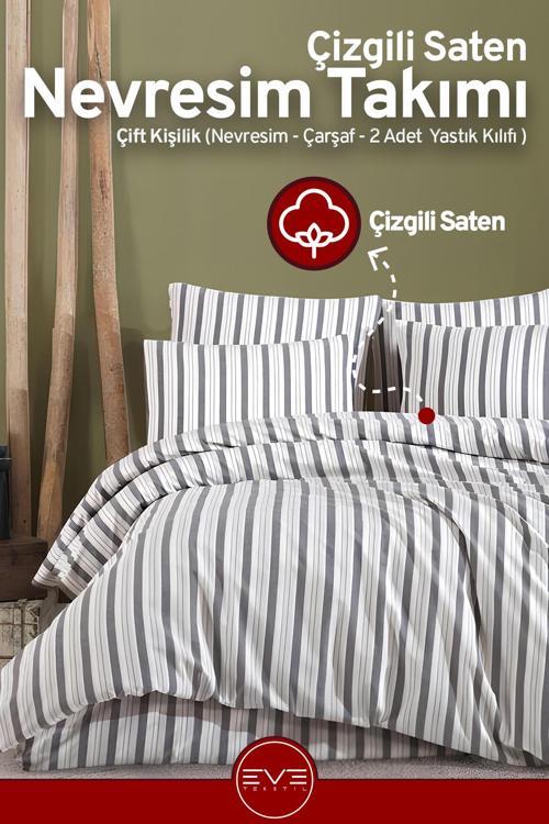 Saten Çizgili Çift Kişilik Lüks Nevresim Takımı Set 200x200 Cm